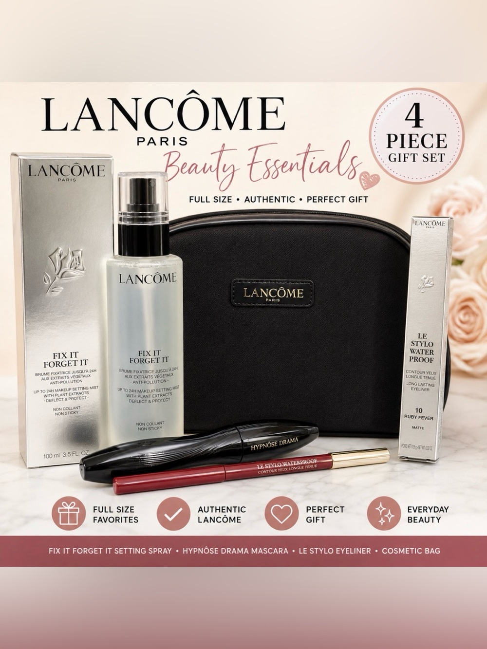 Lancôme Beauty Essentials Set with Black Pouch, Red Eyeliner, Black Mascara